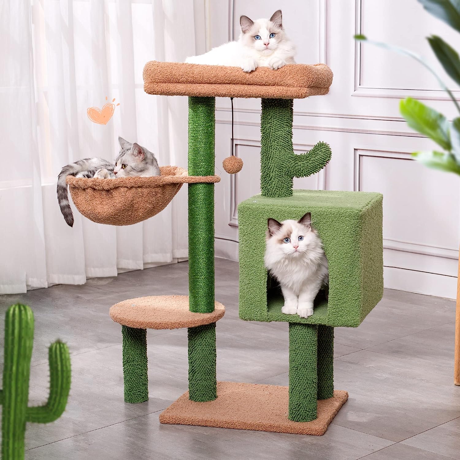 Lindo árbol para gatos tipo cactus con condominio privado y postes para rascar