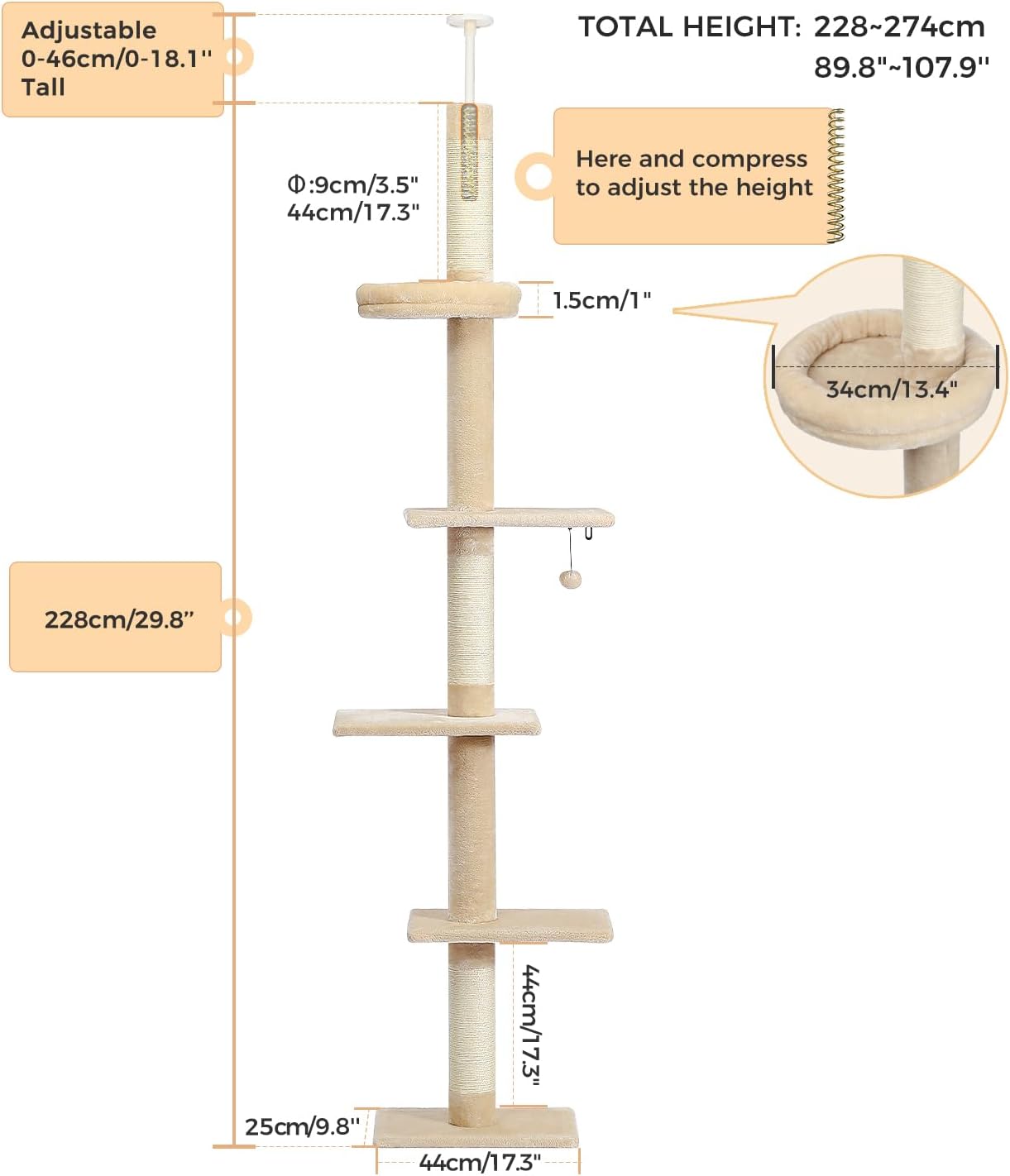 Torre de árbol para gatos de 5 niveles y altura ajustable con postes rascadores